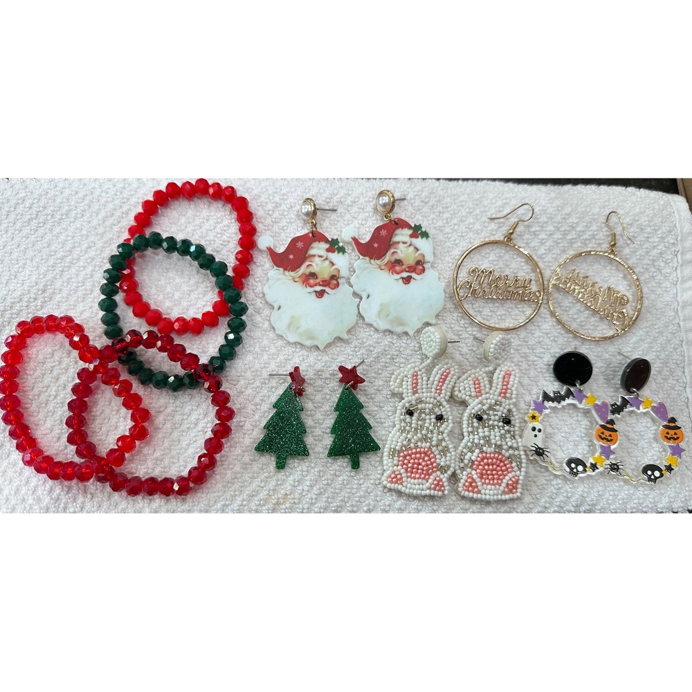 Holiday Jewelry Bundle Christmas Santa Halloween Easter Earrings Bracelets 9pc
